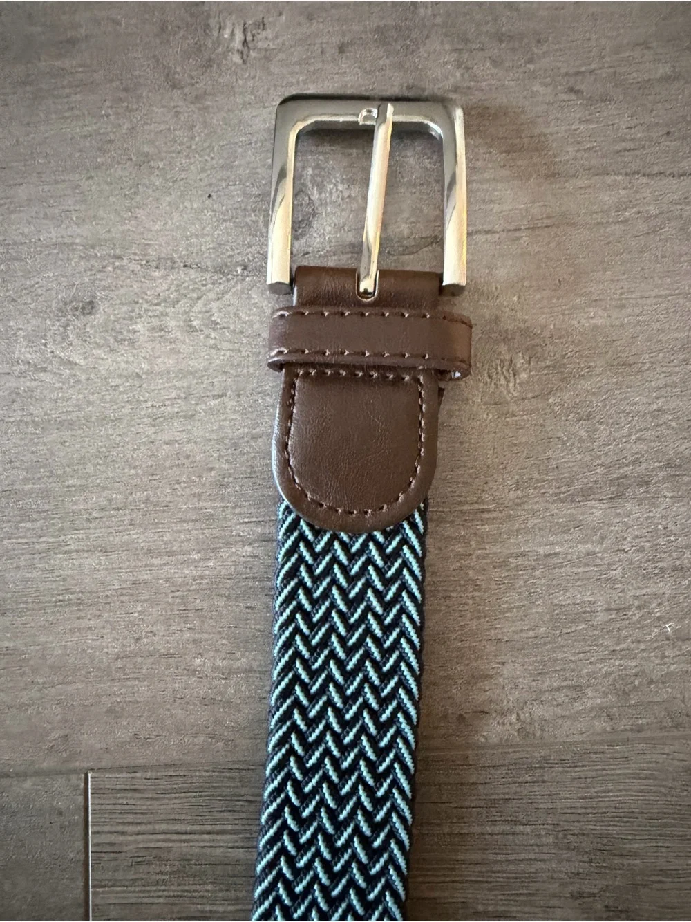 Blue Braided Elastic Belt with Brown Leather Accents